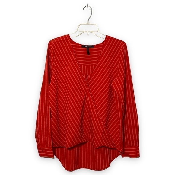 𝅺BCBGMAXAZRIA Venetian Red Hi-Low Wrap Blouse - Picture 3 of 7